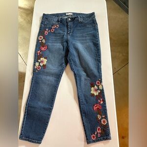 Artisan Ny Blue and Red Skinny Jeans with Floral Embroidery